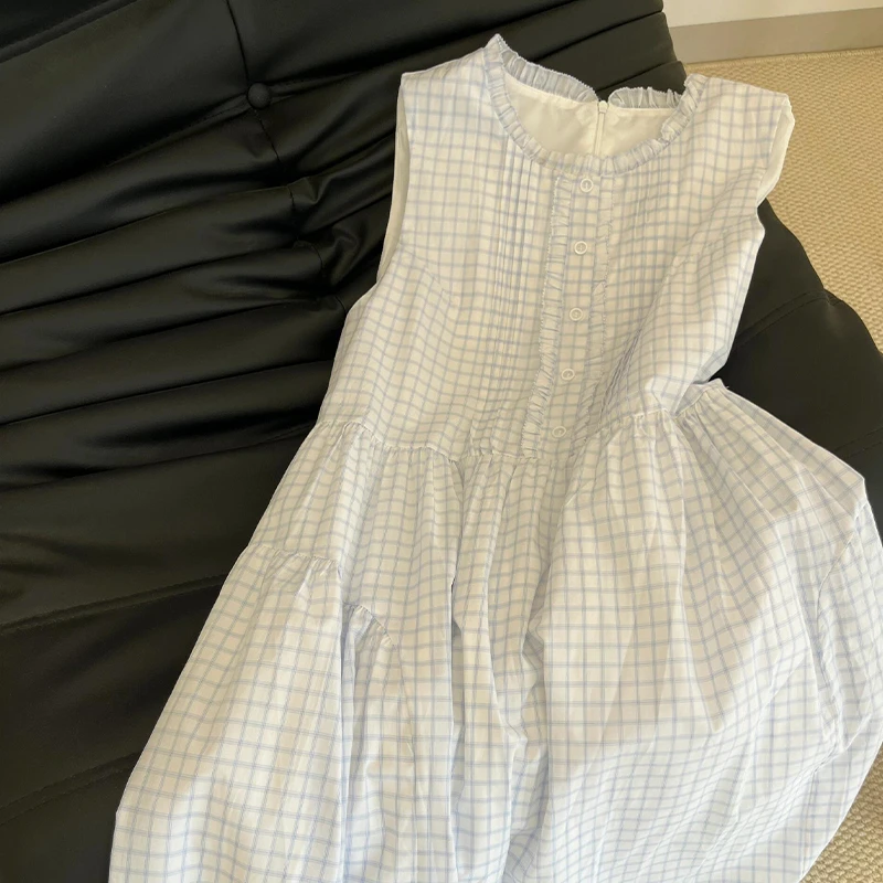 3444法式高级感蓝色格子背心连衣裙子女装2025夏季度假风绝美长裙