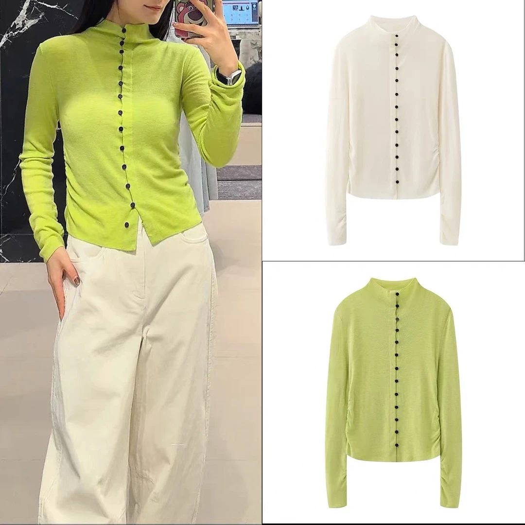 【青葱】秋冬新款时尚百搭修身半高领捏褶显瘦收腰针织开衫3028