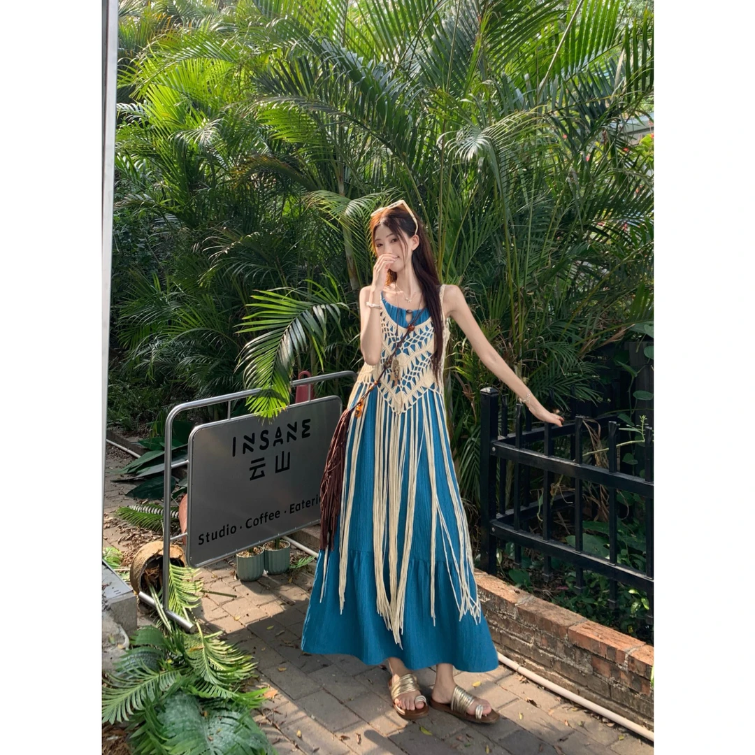 复古度假风孔雀蓝吊带连衣裙流苏吊带罩衫显瘦裙子气质轻奢夏季