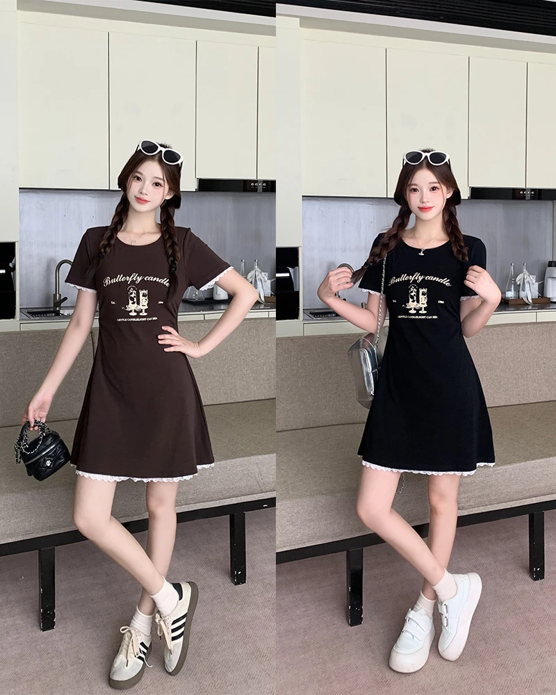 【大雯雯专属】大码夏季甜美蕾丝边收腰显瘦连衣裙小个子a字裙64558