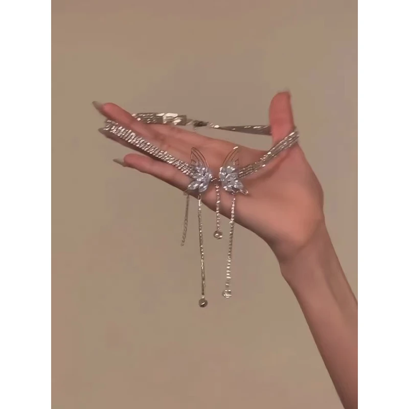 铜合金合成锆石项链 闪锆蝴蝶结珍珠项链晚宴礼服choker锁骨链