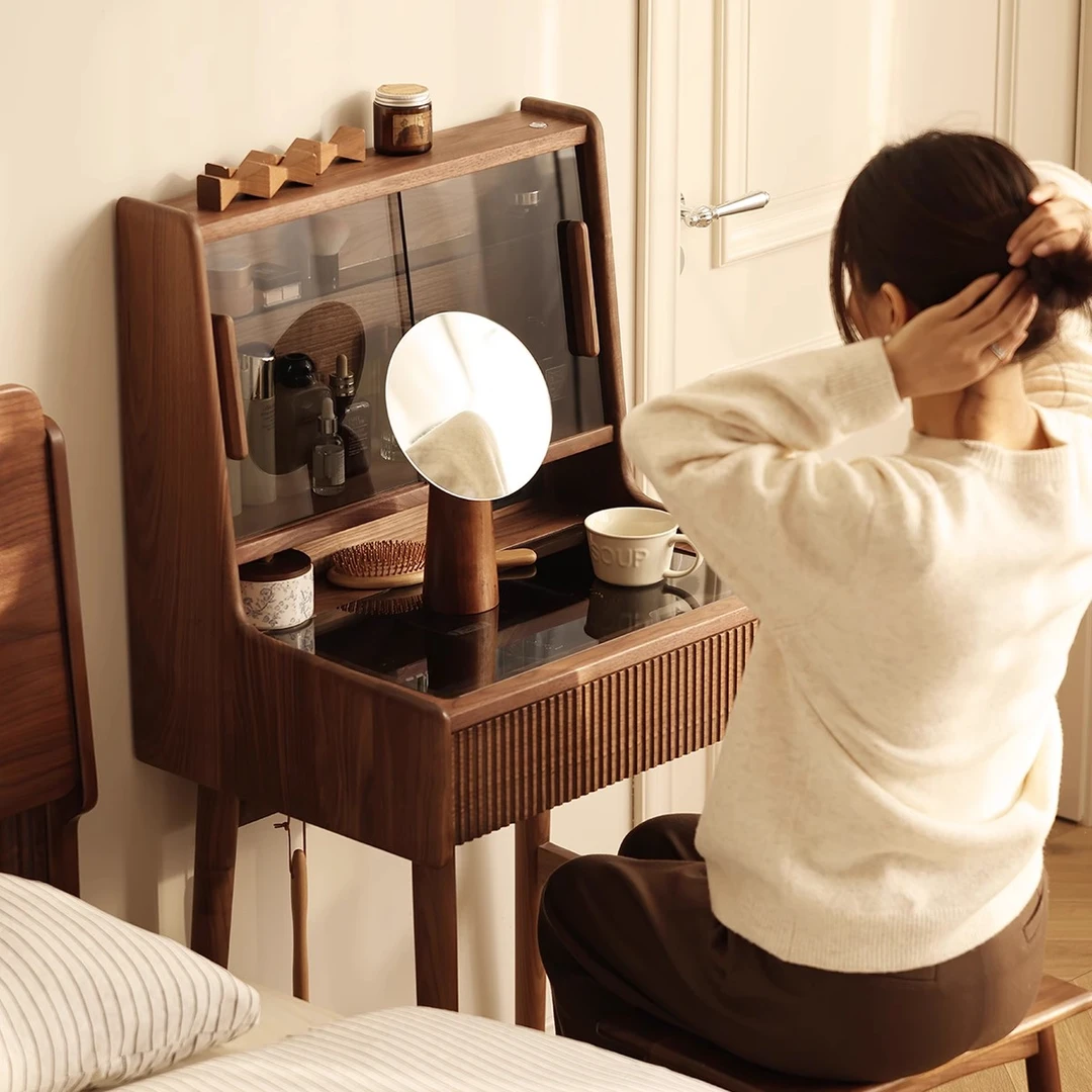 北美黑胡桃木实木梳妆台卧室黑胡桃木化妆桌小户型带灯化妆台