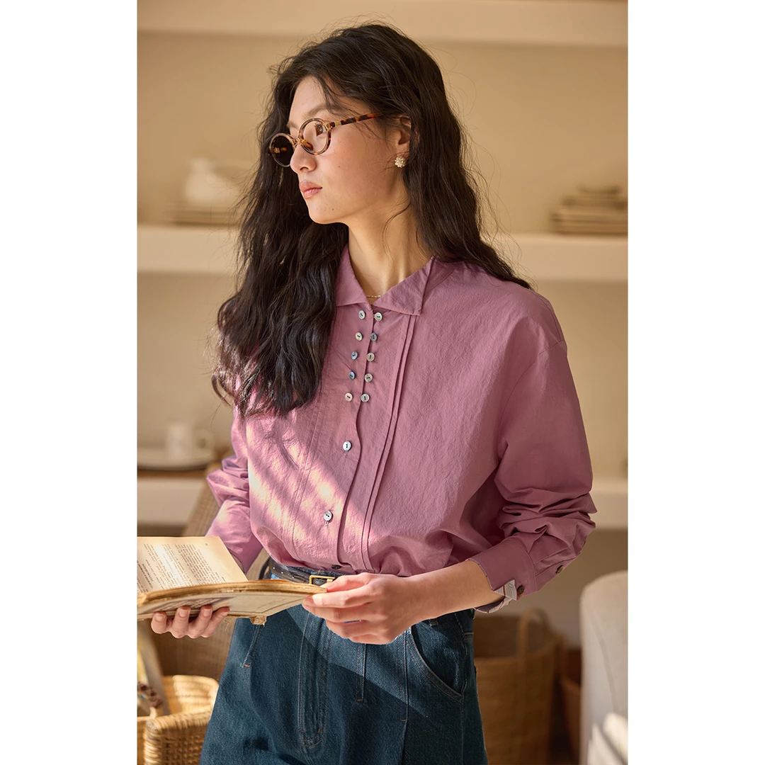 solighter法式复古翼领双排扣长袖衬衫女春季5I0308C04X1