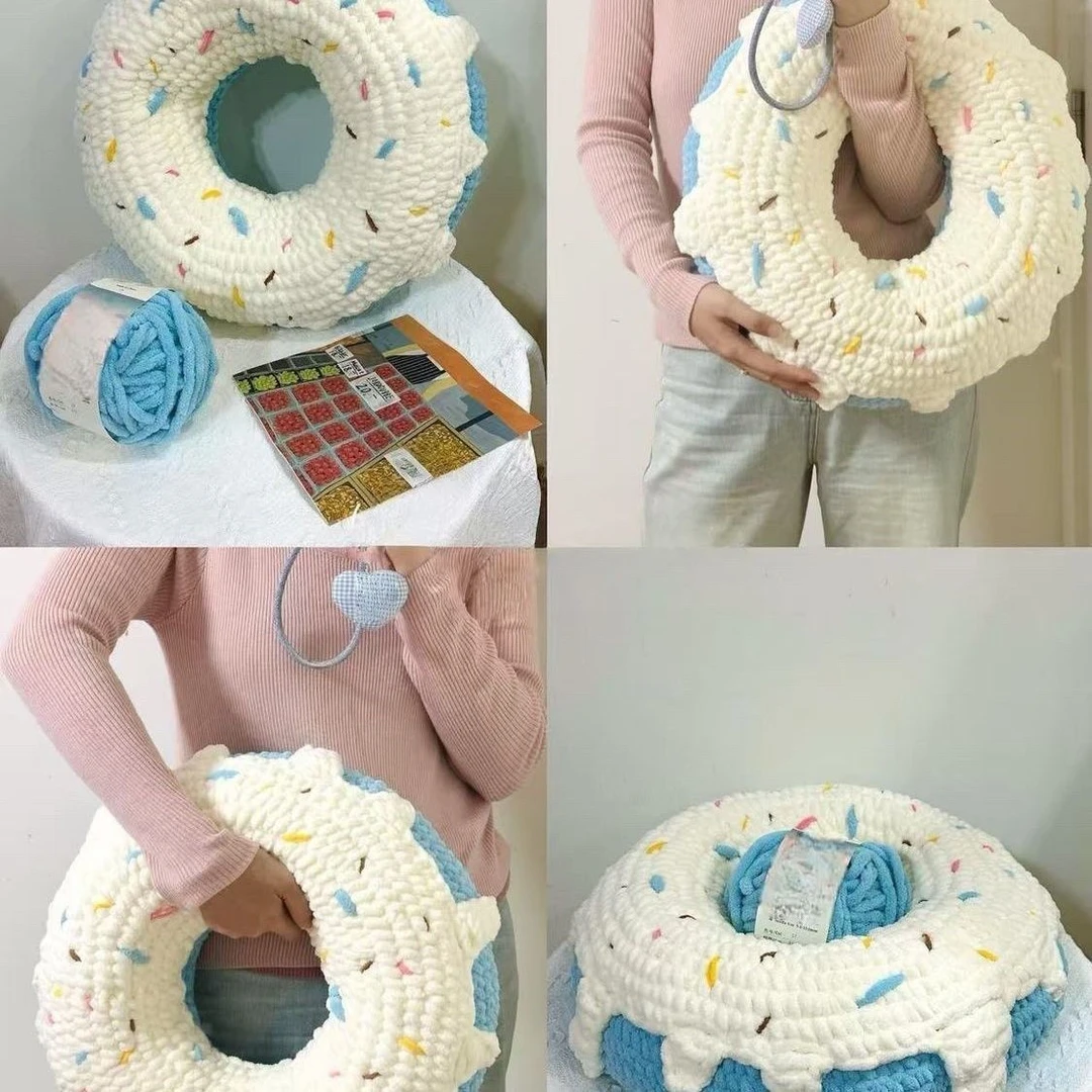 新款粗毛线钩针钩织超大水果甜甜圈抱枕diy材料包手作靠枕送女友