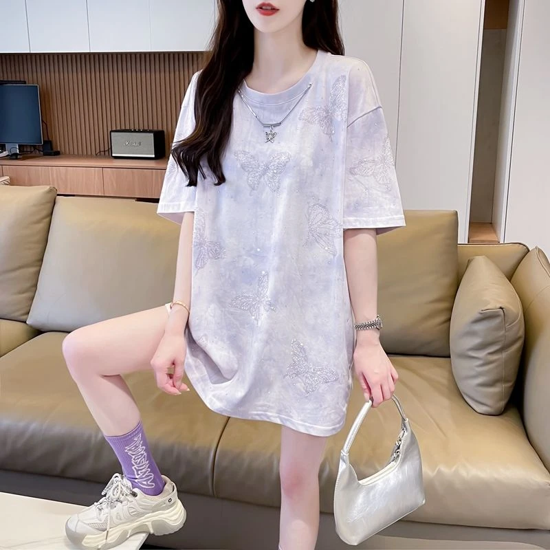 夏季2025新款爆款女装宽松烫钻蝴蝶短袖t恤女中长款扎染渐变上衣