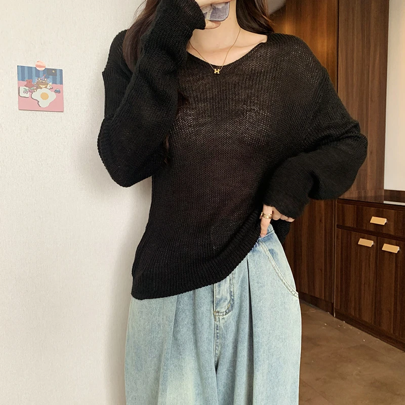 实拍春秋装新款韩版纯色领慵懒风薄款上衣针织衫毛衣女