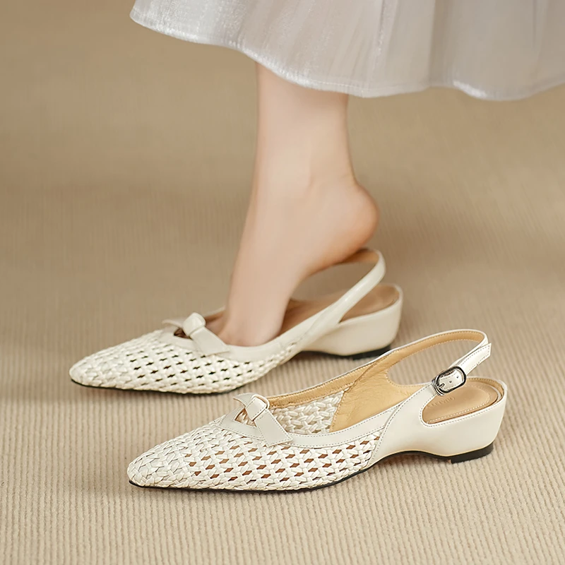 4cm法式复古风中跟后绊带包头凉鞋夏百搭米白色编织镂空粗跟女鞋
