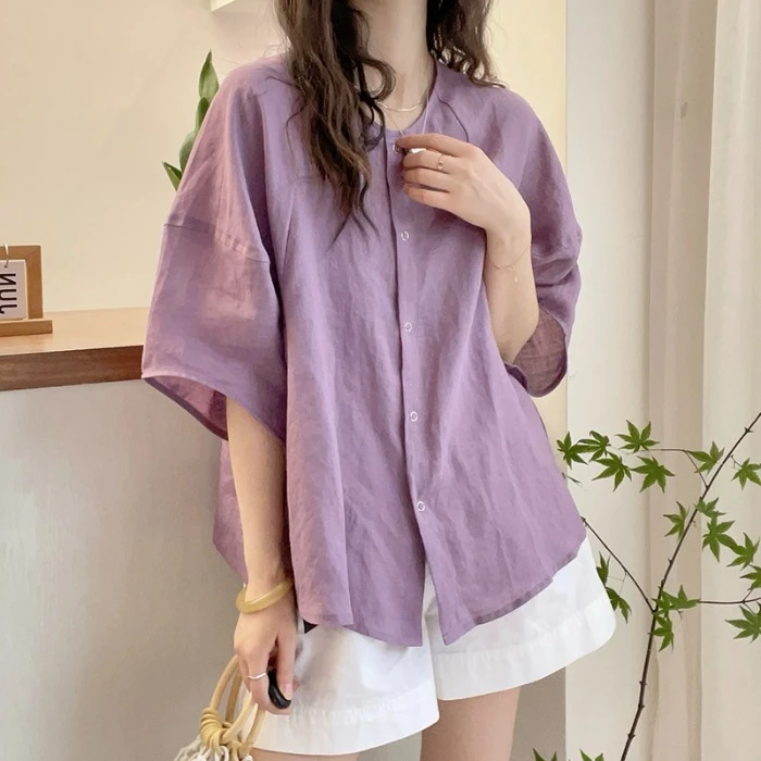 洋气紫色苎麻泡泡袖短袖衬衫女夏季新款宽松显瘦衬衣休闲百搭上衣