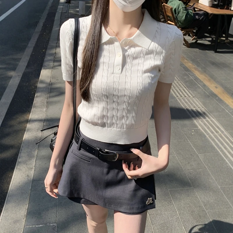 夏季韩版纽扣polo领老钱风减龄女麻花短款针织衫短袖显瘦修身上衣