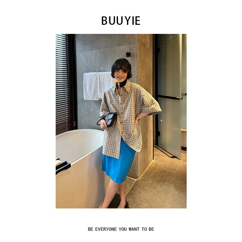 BUUYIE 25SS【‌‌语茉】文艺极简风高级感卡其格子衬衫 250525
