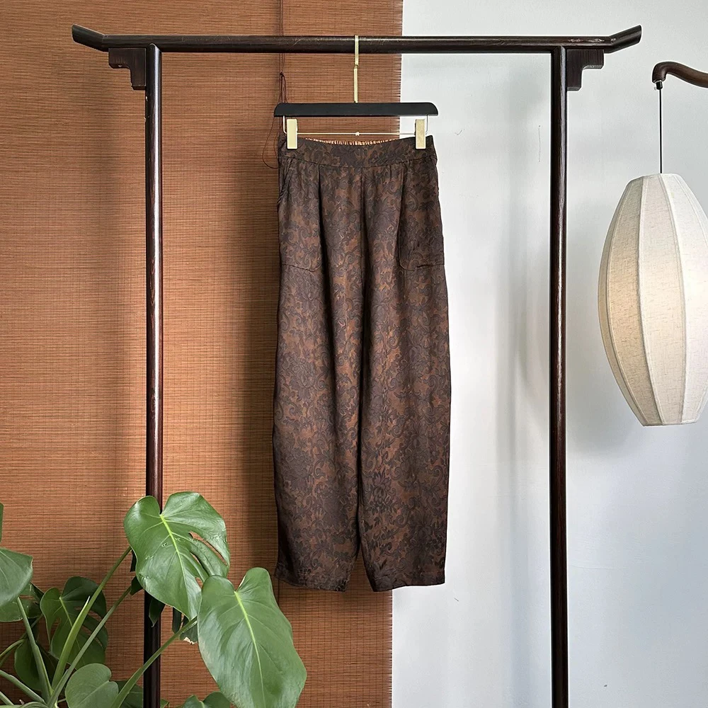 褐纹流影——香云纱桑蚕丝四经绞罗双面双穿哈伦裤宽松9025