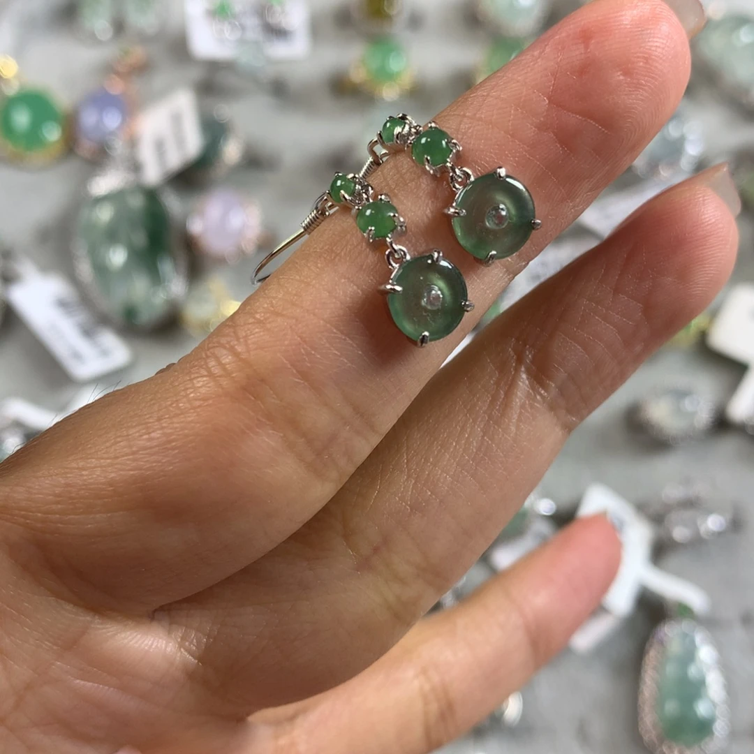翡翠银S925镶嵌戒指耳钉