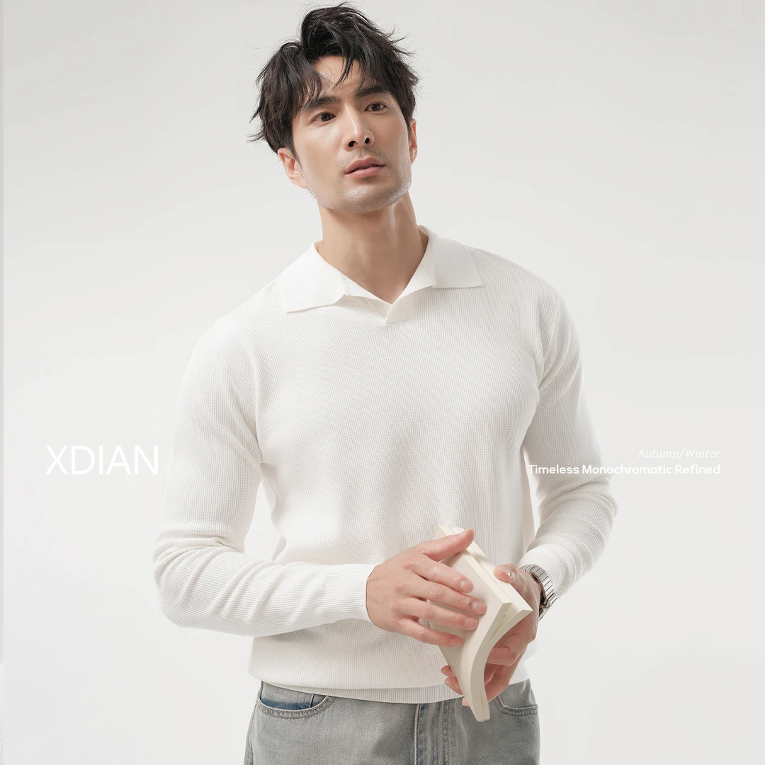 XDIAN/续点肌理华夫格长袖翻领针织衫男秋冬季polo领修身毛衣