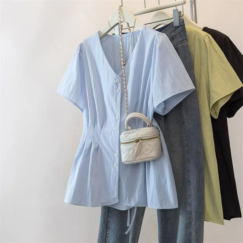 胖mm夏装百搭甜辣收腰衬衫200斤大码盐系设计感圆领显瘦上衣女