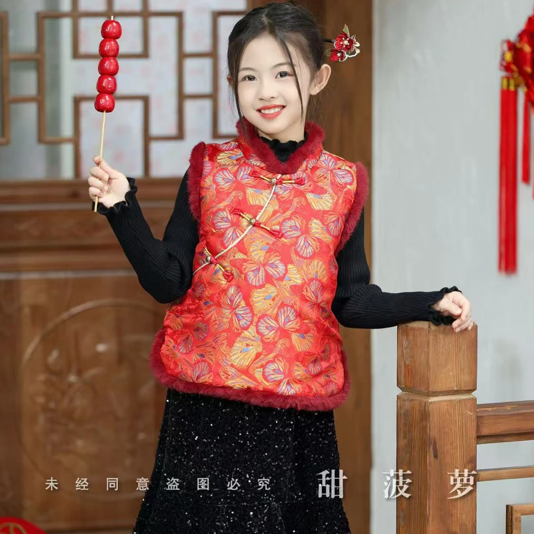 女童冬季新款洋气时髦国风连衣裙马甲套装潮冬装宝宝穿