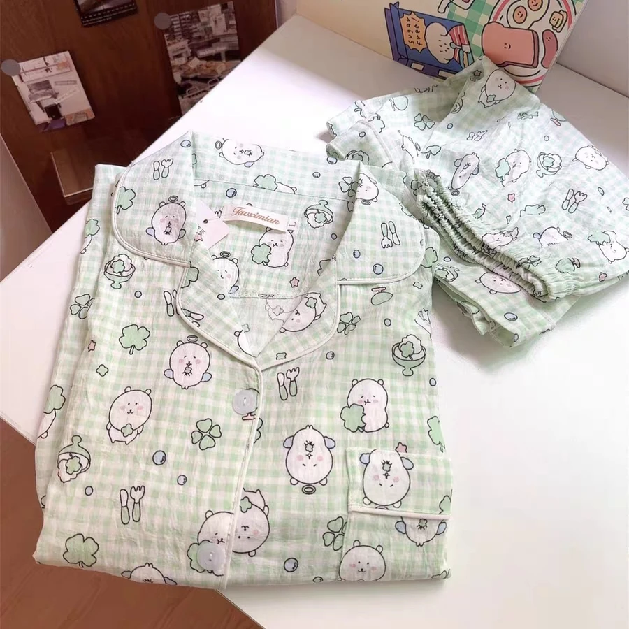 日系可爱自嘲熊睡衣少女夏季云朵棉短袖短裤学生卡通家居服两件套