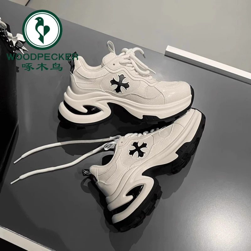 啄木鸟增高7.5cm十字花厚底老爹鞋春季新款透气跑步鞋休闲运动鞋