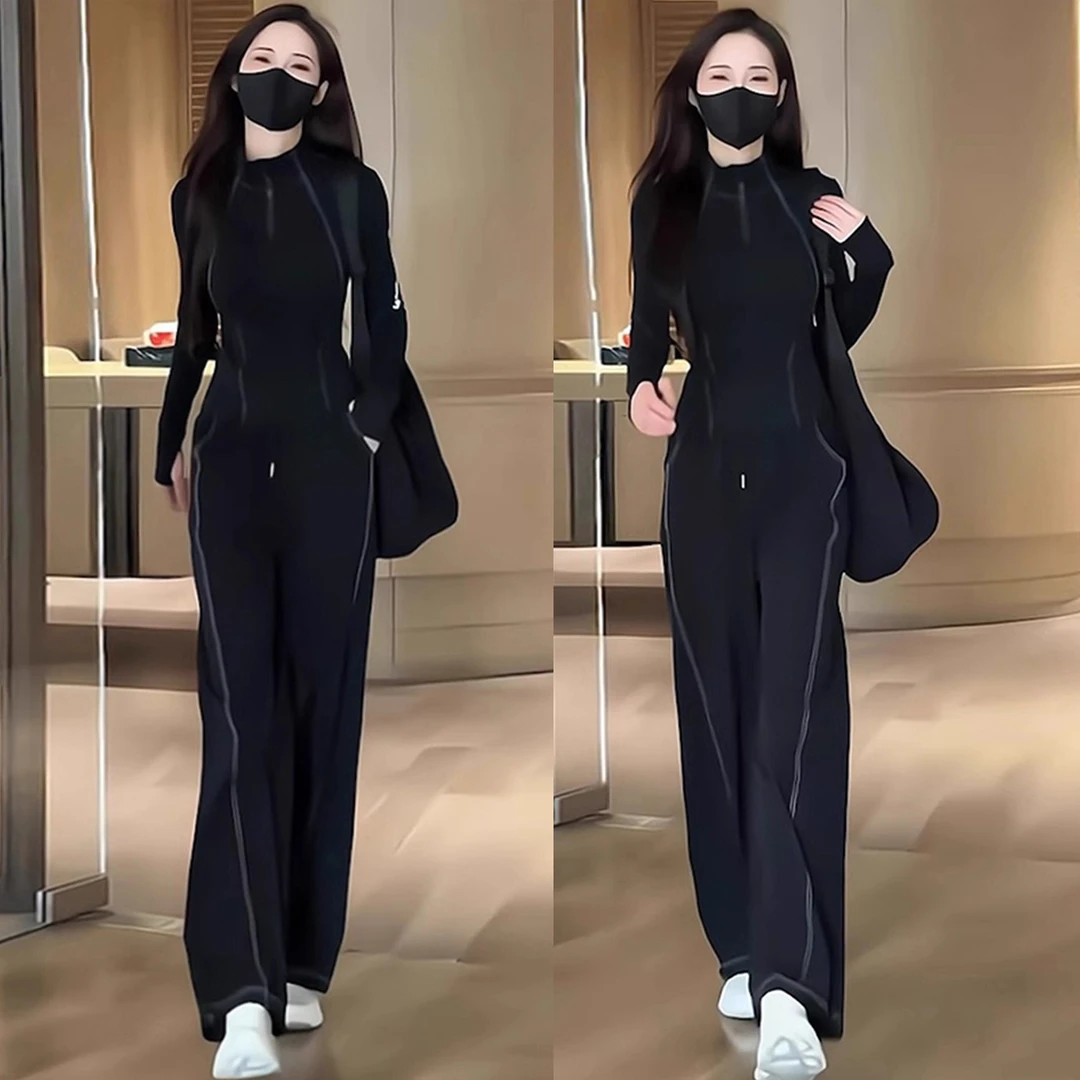 2025新款时尚气质套装女春秋高级感修身显瘦黑色上衣阔腿裤两件套