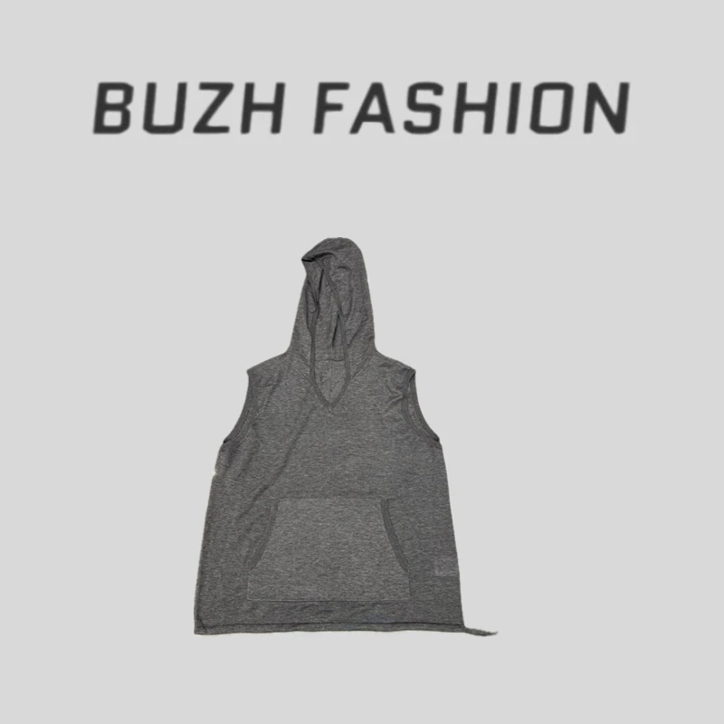 BUZH夏季新款休闲风极简羊毛天丝舒适无袖帽衫V领针织背心