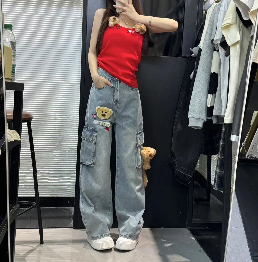 【 摩登教主】新款卡通小熊刺绣款式纸筒牛仔裤美式复古风(062)
