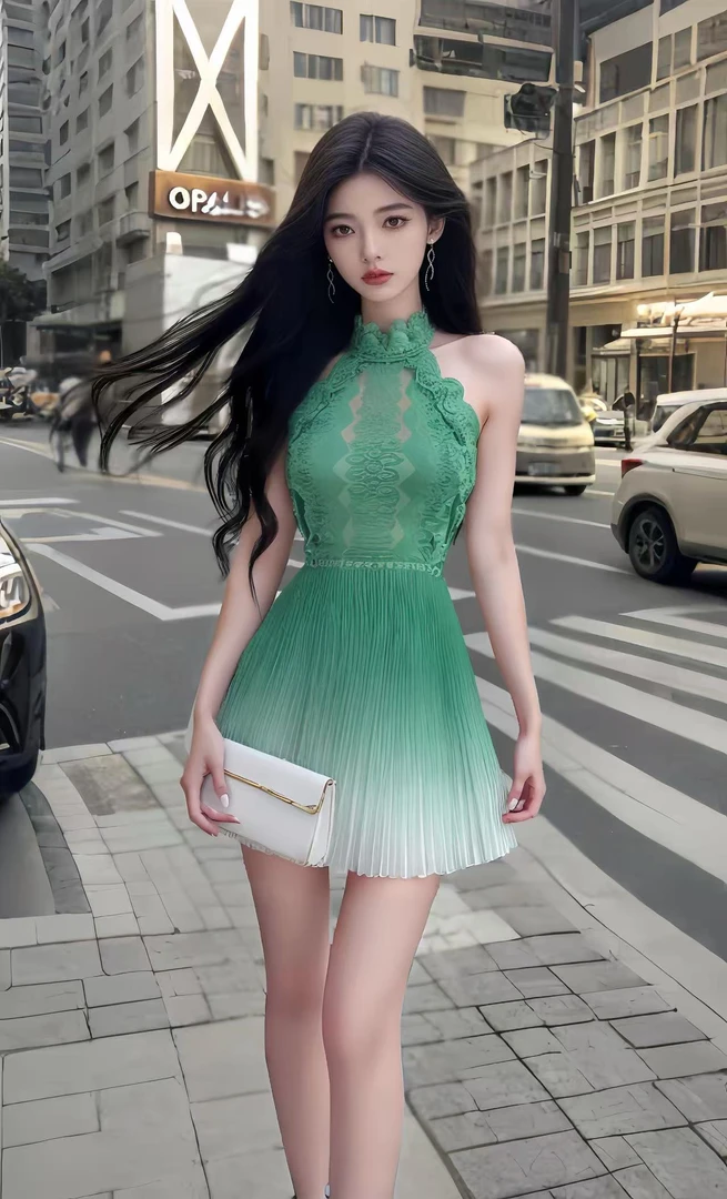 无袖高腰短裙A字裙辣妹绿色圆领挂脖连衣裙蕾丝复古女装可露丽风