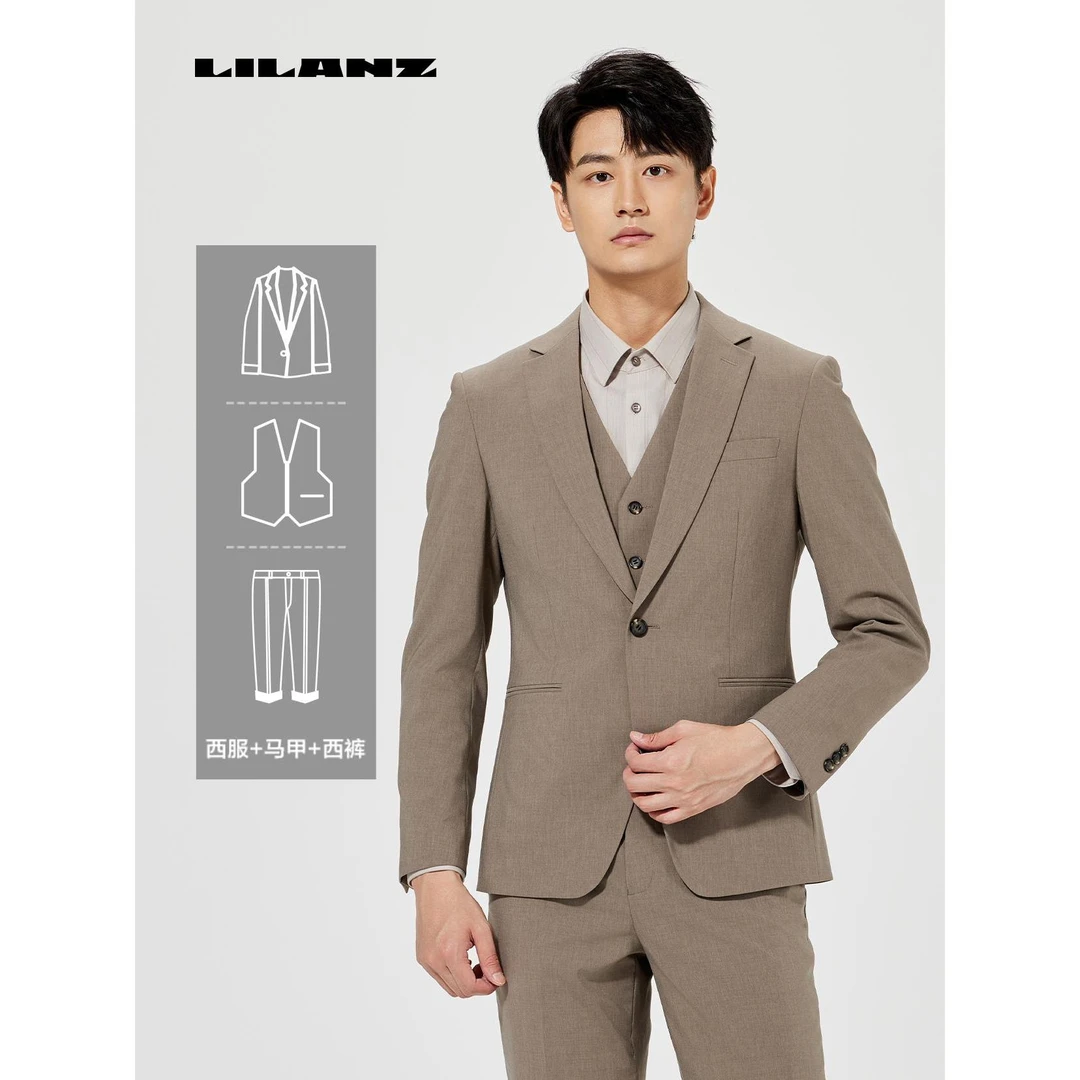 【三件套/长裤】 修身纯色双开衩标准痞帅修身型西服套装-25CXF12