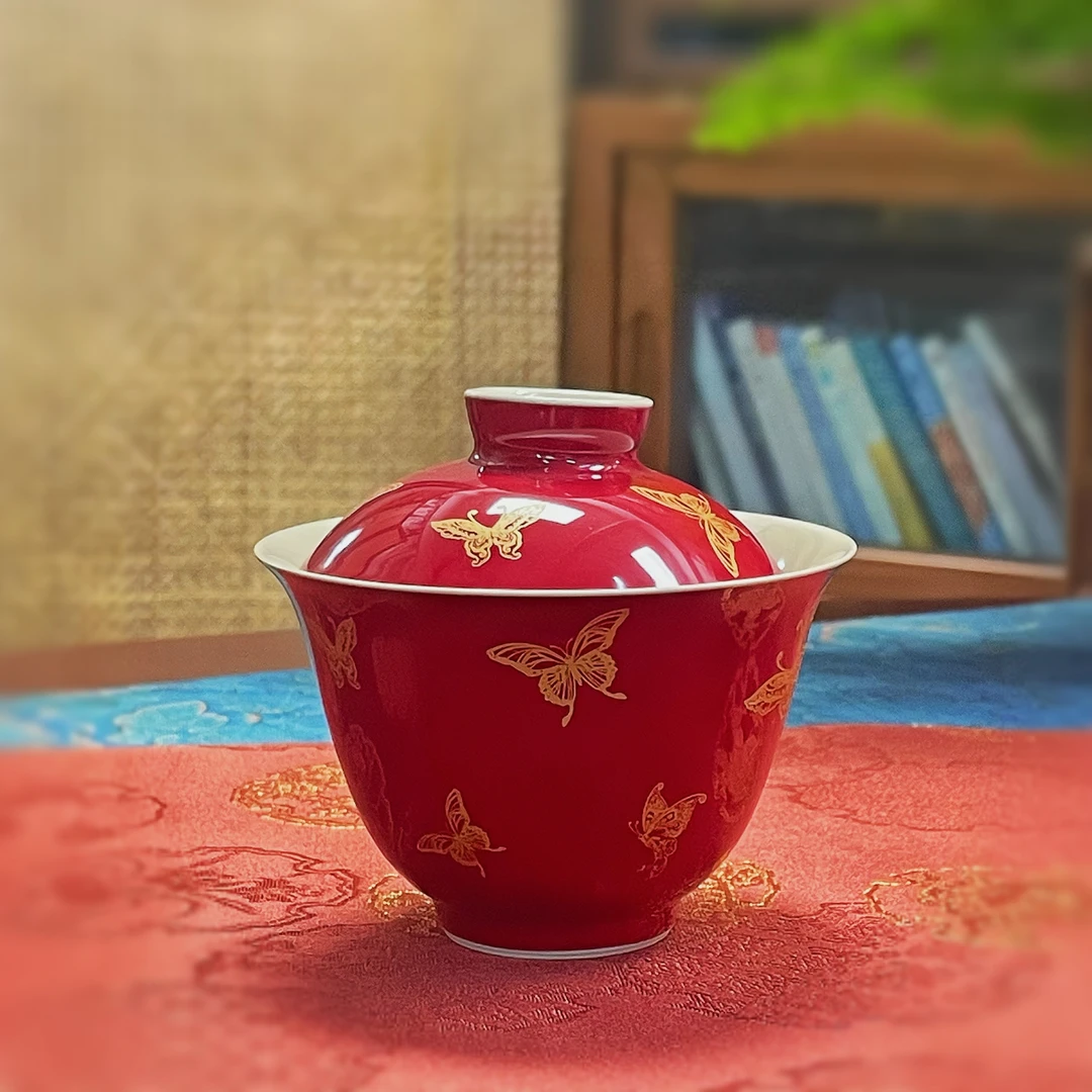 中式描金茶具主泡器蝴蝶精美盖碗