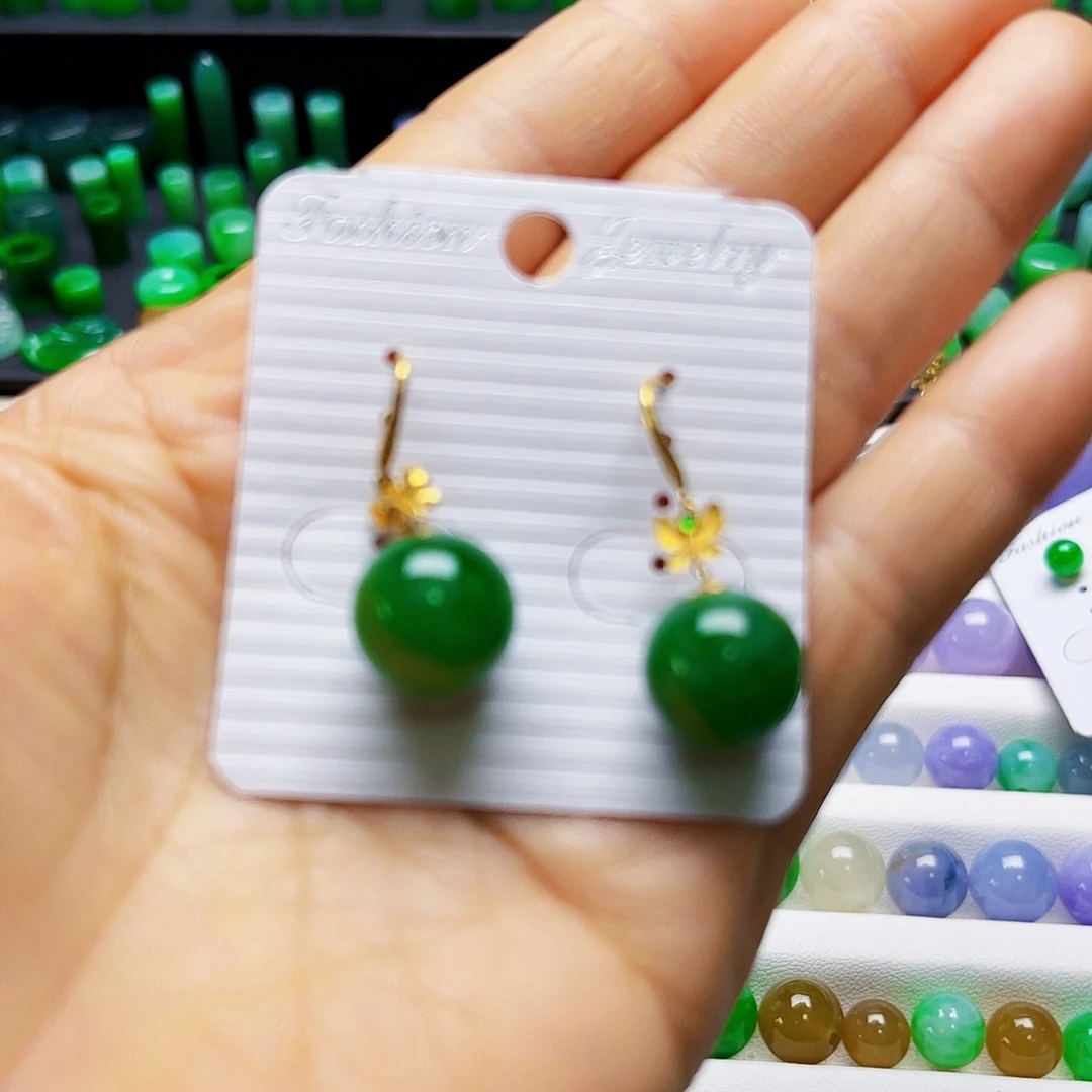 翡翠18K金镶嵌耳饰卡12mm圆珠裸石