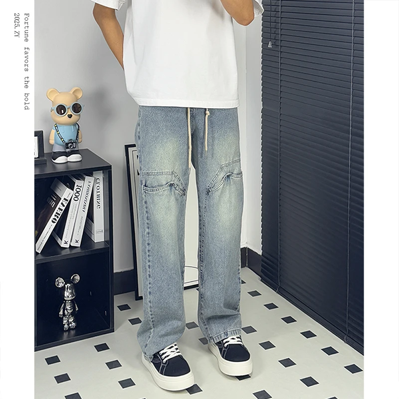 春夏新款牛仔男高街复古水洗抽绳阔腿裤宽松做旧破洞裤子港风韩版