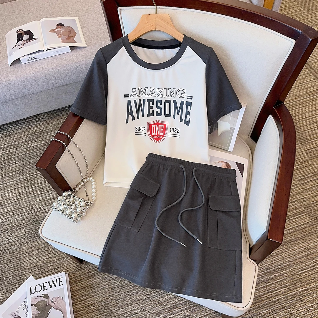 16512夏装胖mm（9）大码女不对称多巴胺穿搭印花T恤抽绳短裙套装