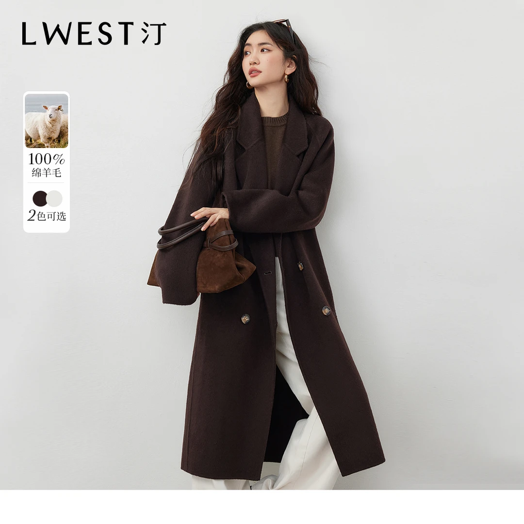 H朗文斯汀简约大气双面呢大衣2025冬新款双排扣西领毛呢外套