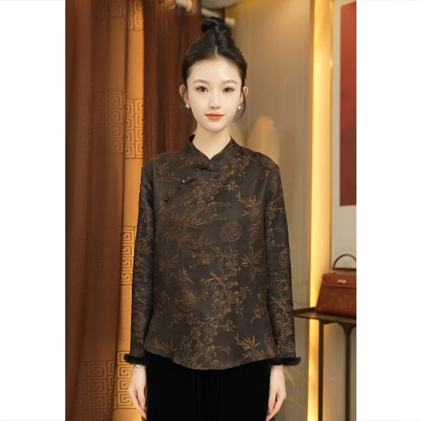 【林典】259-1新中式桑蚕丝香云纱水貂毛拼接上衣