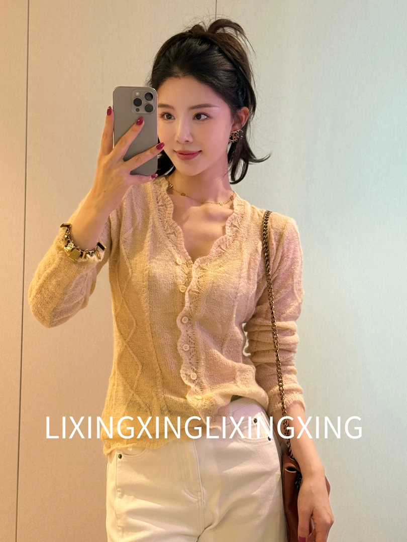 LXX【花边马海毛羊毛衣】显瘦气质长袖针织时尚百搭镂空温柔