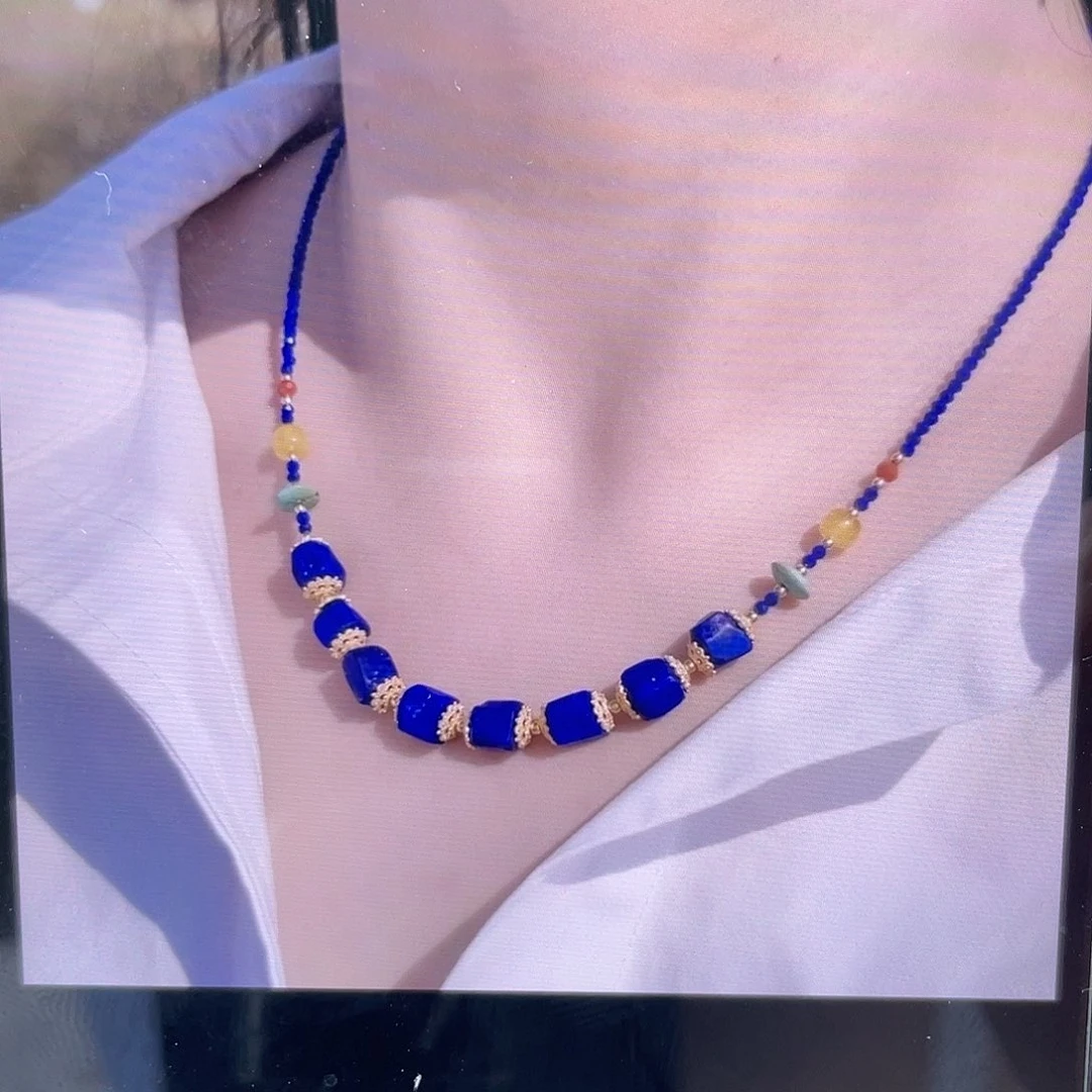 银S925镀金镶嵌青金石项链