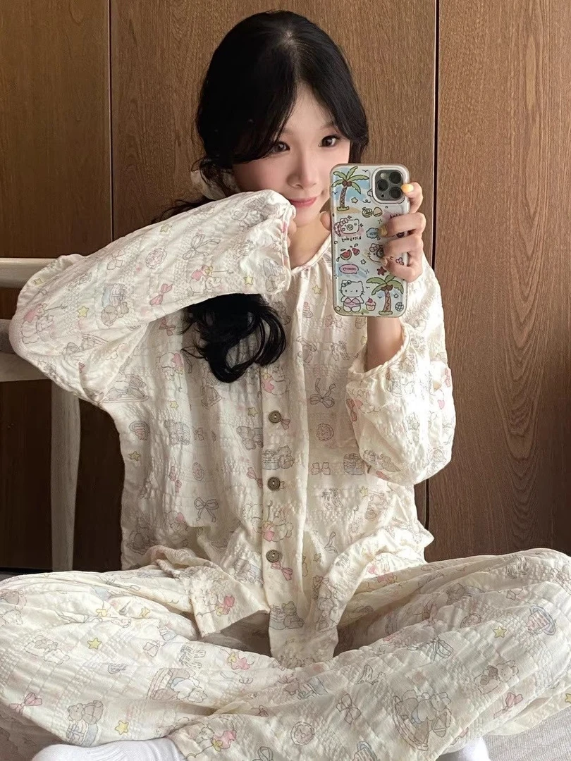 日系软妹睡衣女秋冬季圆领开衫带胸垫软萌可爱小兔学生女孩家居服