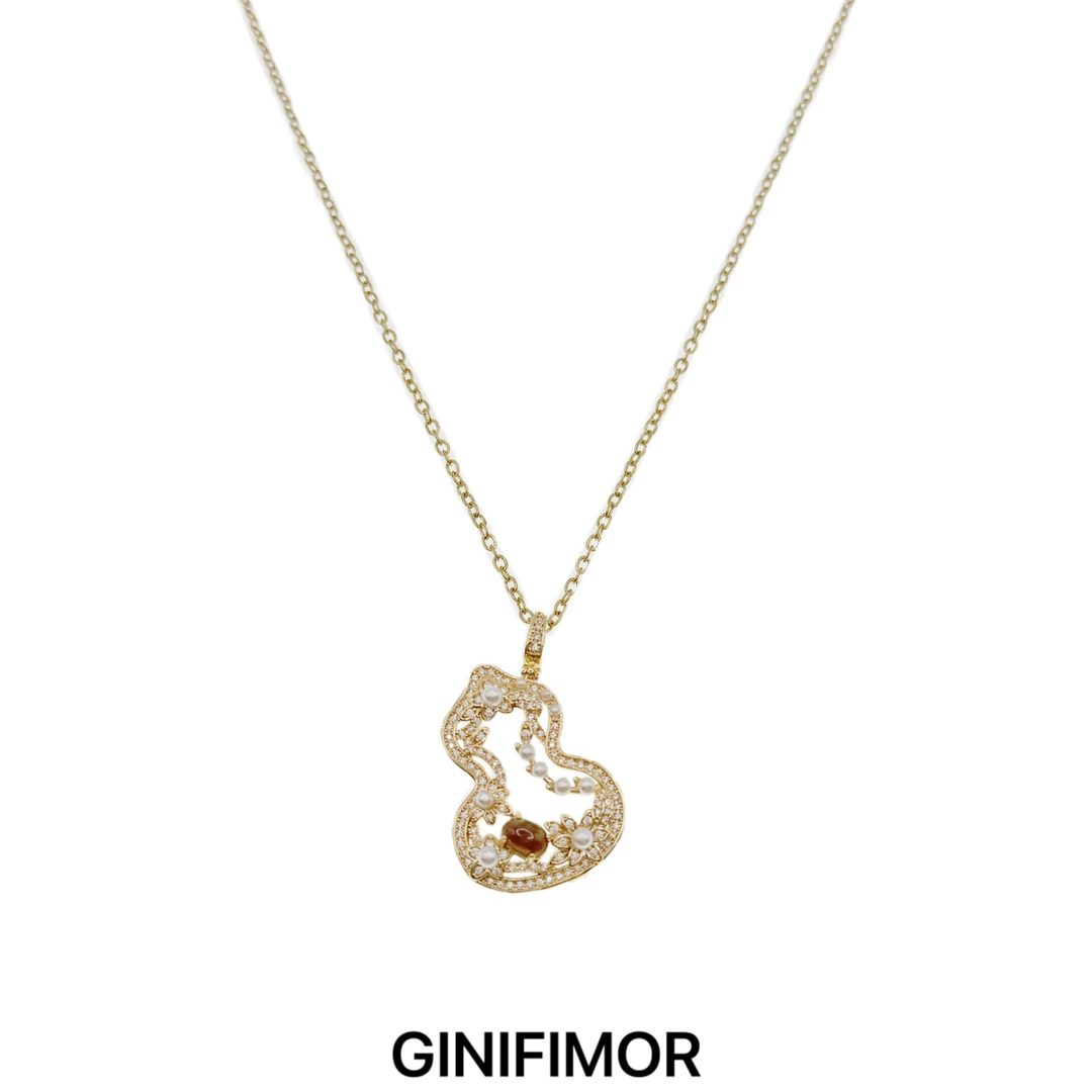 GINIFIMOR 铜合金项链 a833 虎眼石葫芦珠珠项链中式美拉德锁骨链