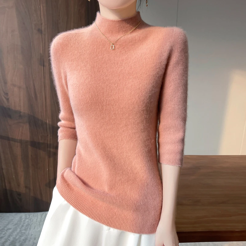 哥弟阿玛施正品一线成衣半高领五分袖女修身半袖紧针织打底衫薄