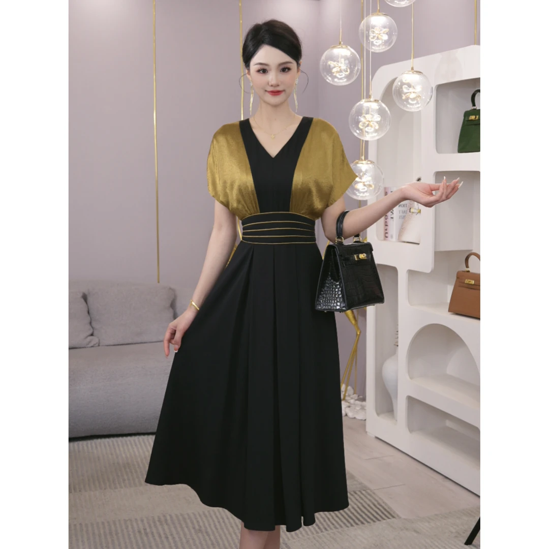 唐熹2025夏季新款【Q24-C264】气质女装轻奢小众黑色显瘦拼接连衣裙
