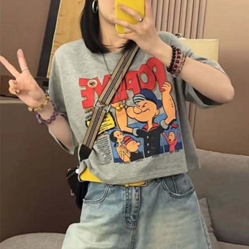 韩版时尚五分袖卡通印花T恤女2025夏季新款宽松百搭小个子短上衣