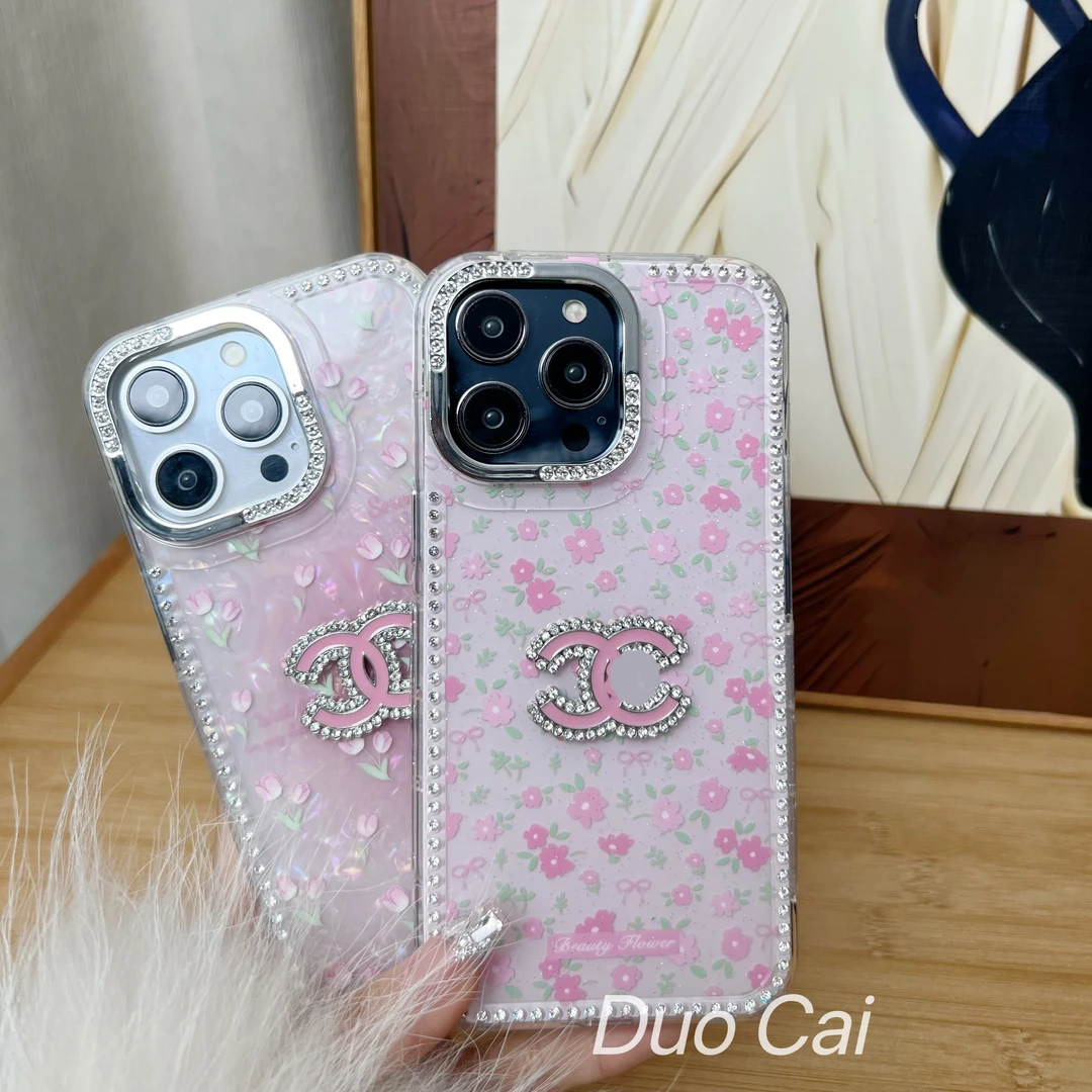 ins粉色花朵闪钻边框轻奢手机壳适于苹果16ProMax/iPhone14/13