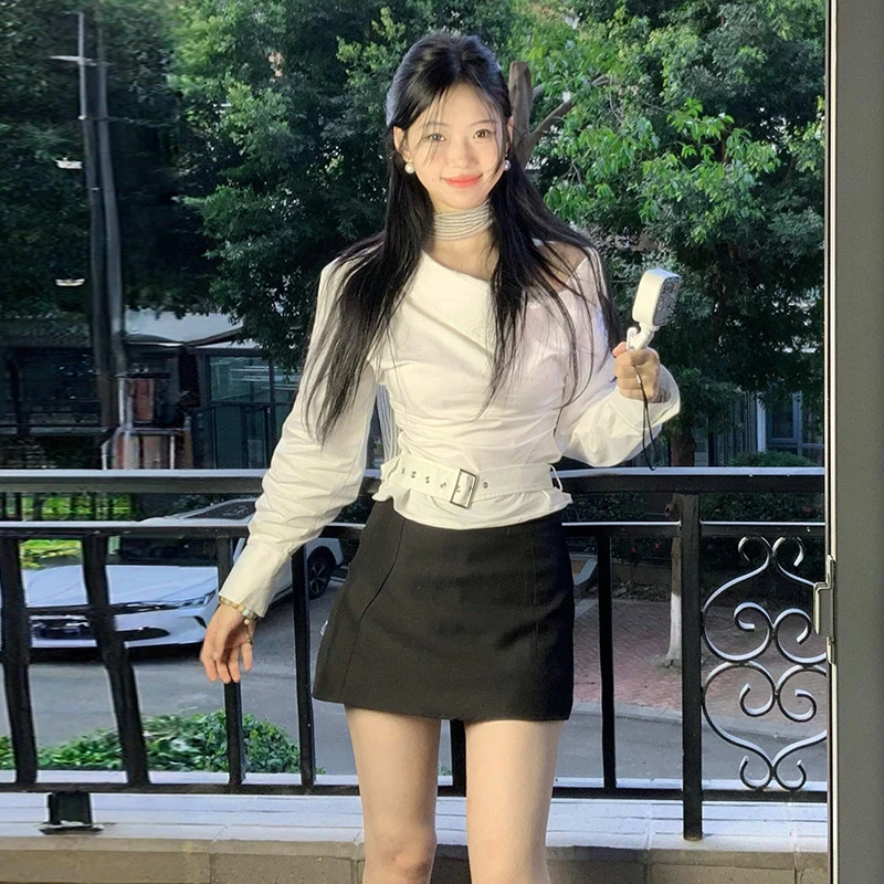 韩系辣妹露肩白色衬衫女2025新款秋季小个子气质修身显瘦斜肩上衣