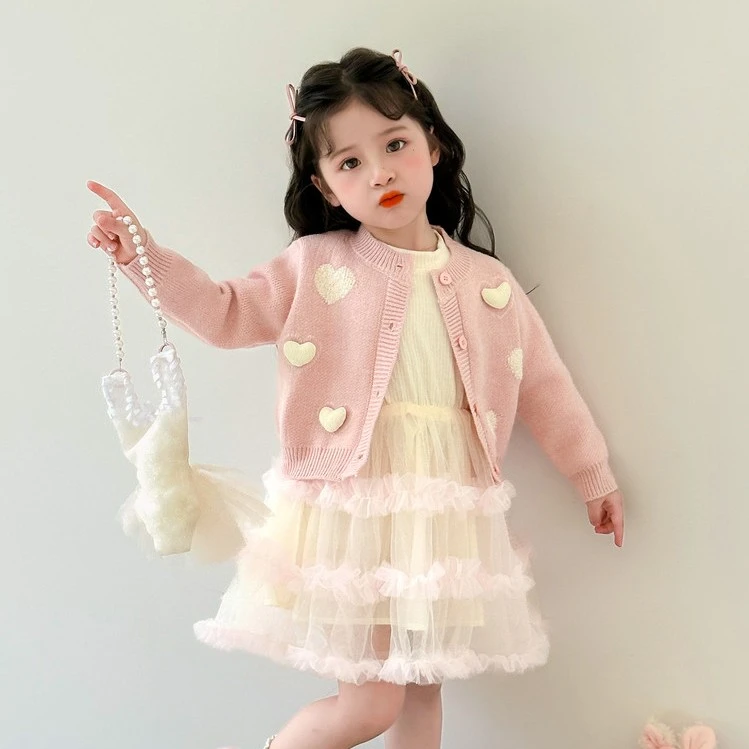 秋季爱心开衫毛衣薄款长袖蕾丝公主裙女童6-12岁潮款高端