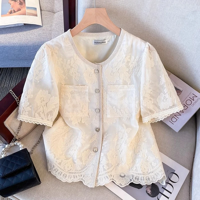 轻奢高级感蕾丝刺绣短袖衬衫2025夏新款大码女装胖mm遮肉衬衣上衣
