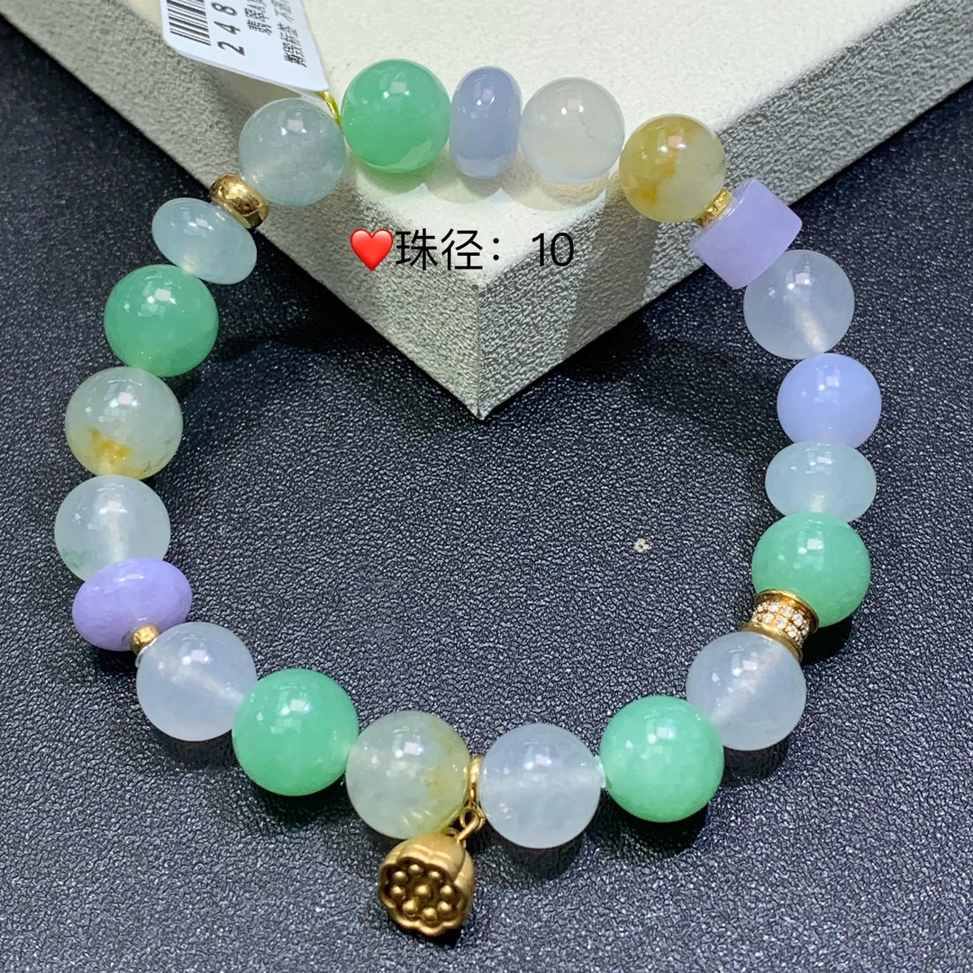 新品推荐·冰种多宝特色圆珠珠径10mm缅A翡翠玉石手串气质时尚