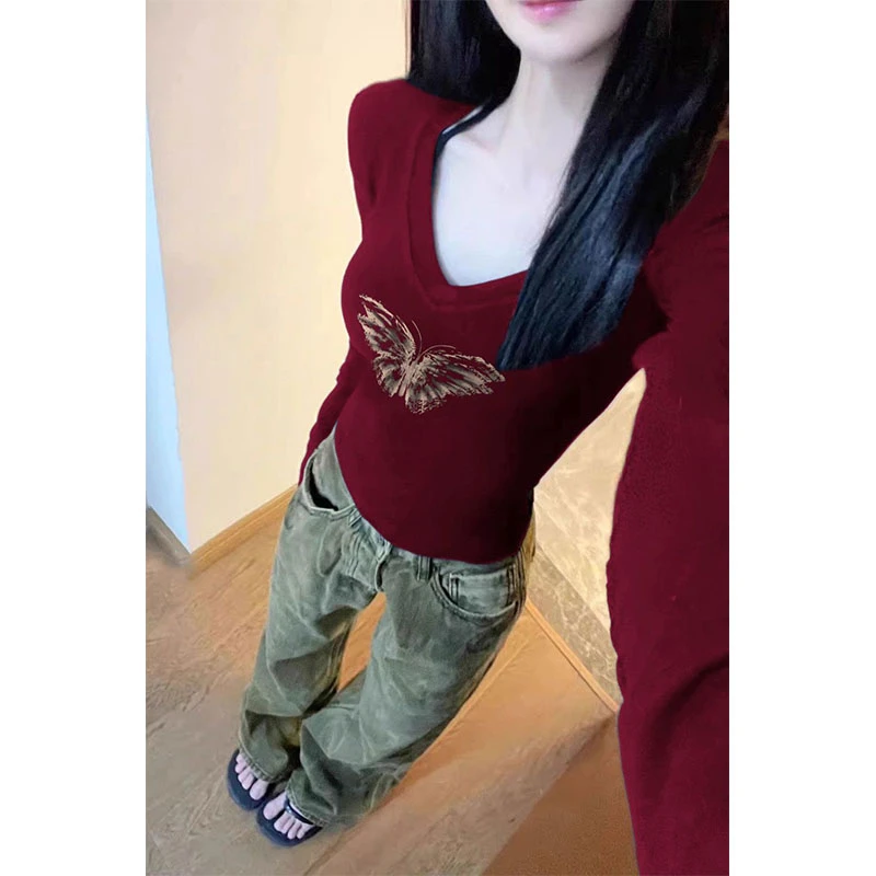 小众甜辣风创意蝴蝶印花V领长袖T恤女春秋季纯欲修身显瘦打底上衣