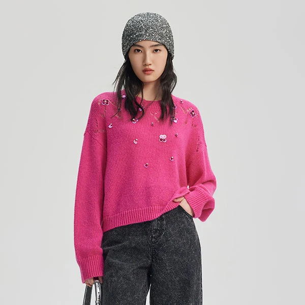三彩3COLOUR.25春火龙果色镂空钉珠毛针织衫S25116104M00