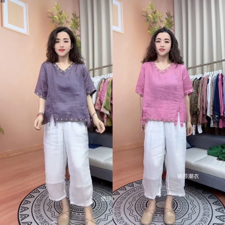 俞兆林2025夏季新款时尚洋气文艺复古百搭爆夏季棉感修身短袖小衫