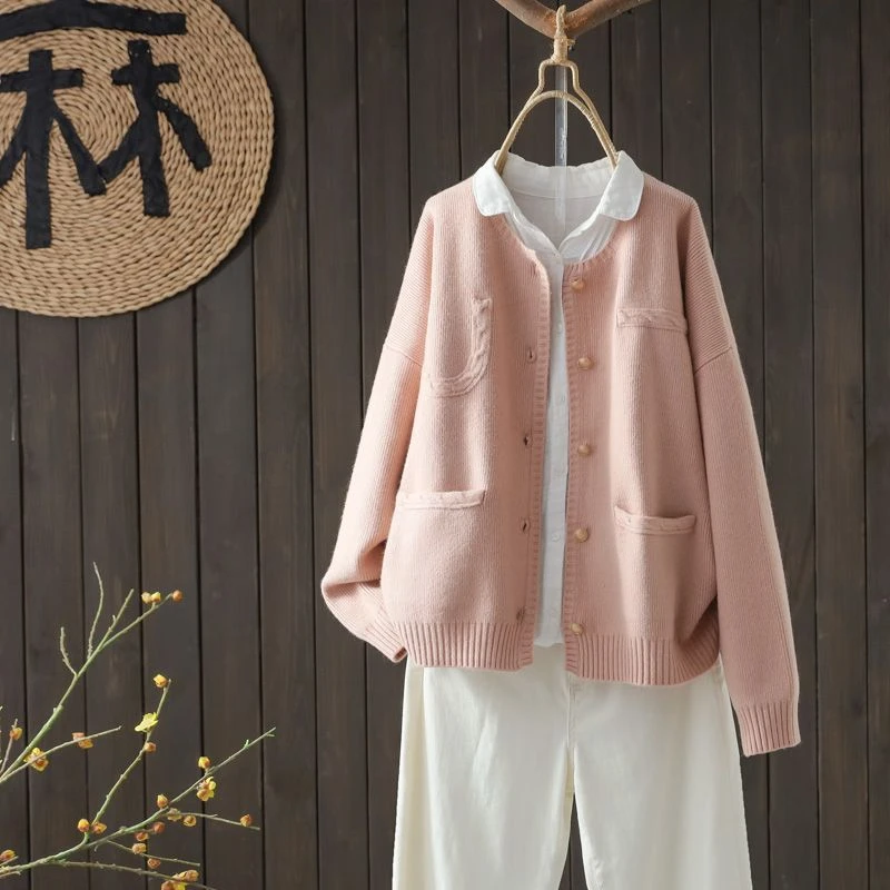 2025年时尚百搭好看舒适休闲宽松秋冬长袖针织衫纽扣口袋外穿外套