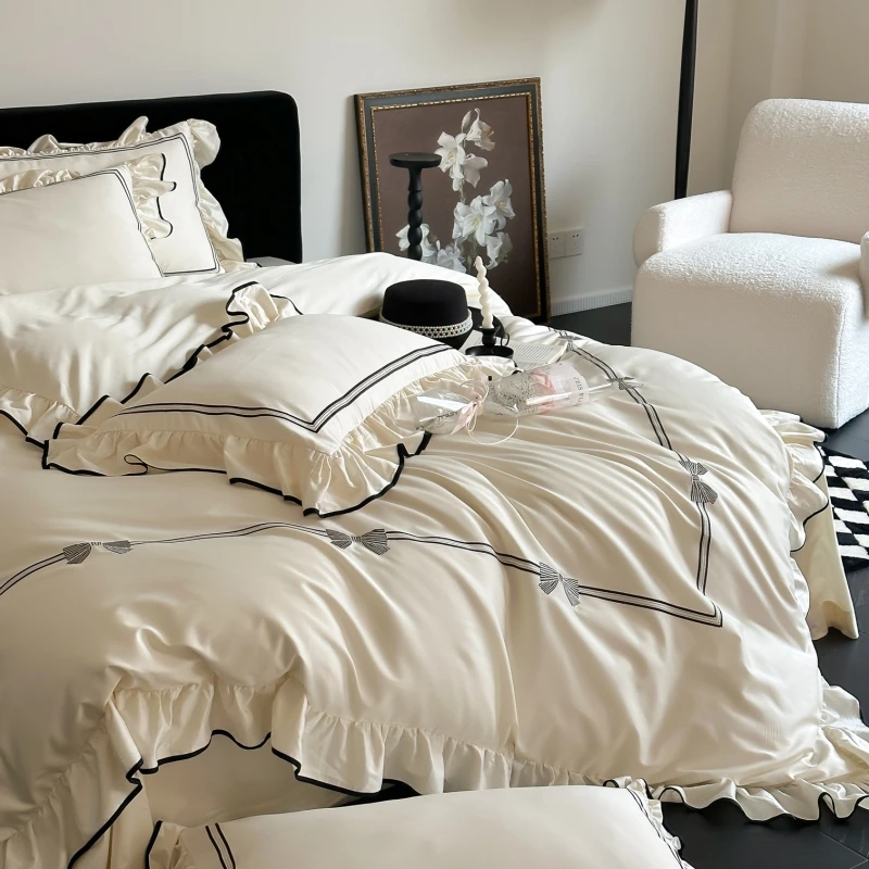 法式蝴蝶结刺绣大花边100支长绒棉四件套纯棉全棉被套床上用品