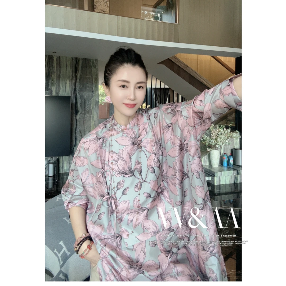 VV&AA 真丝欧根缎《木兰》高级感气质新中式衬衫连衣裙 R4386